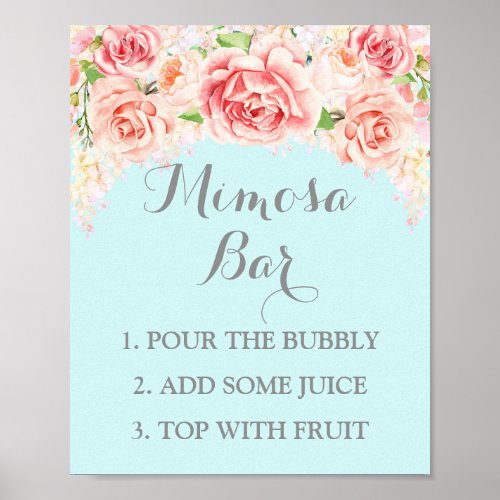 Mimosa Bar Sign Pink Watercolor Flowers Blue