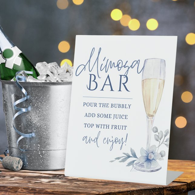 Mimosa Bar Watercolor Blue Floral Champagne  Pedestal Sign (Elegant Blue Watercolor Flower and Champagne Table Pedestal Sign for Bridal Shower or Weddings)