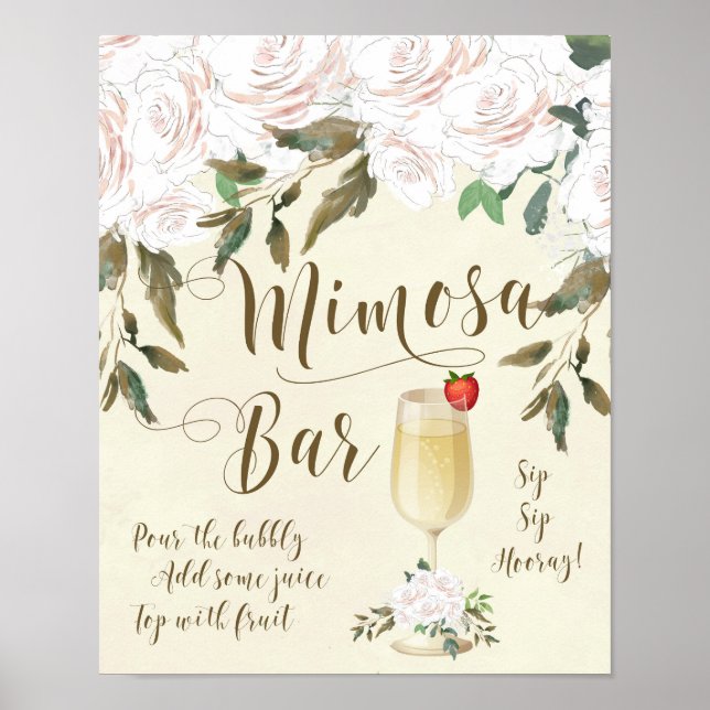 Mimosa Bar Wedding Sign ivory florals (Front)