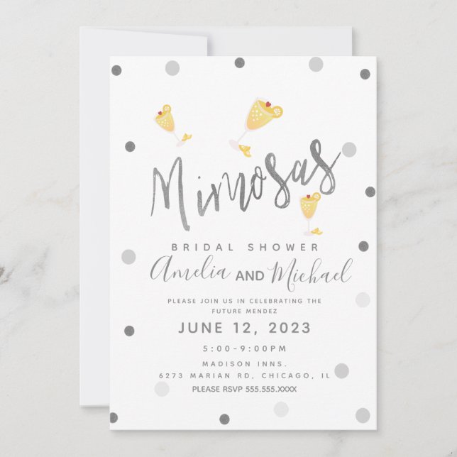 Mimosa Confetti Yellow Silver Bridal Shower Invitation (Front)