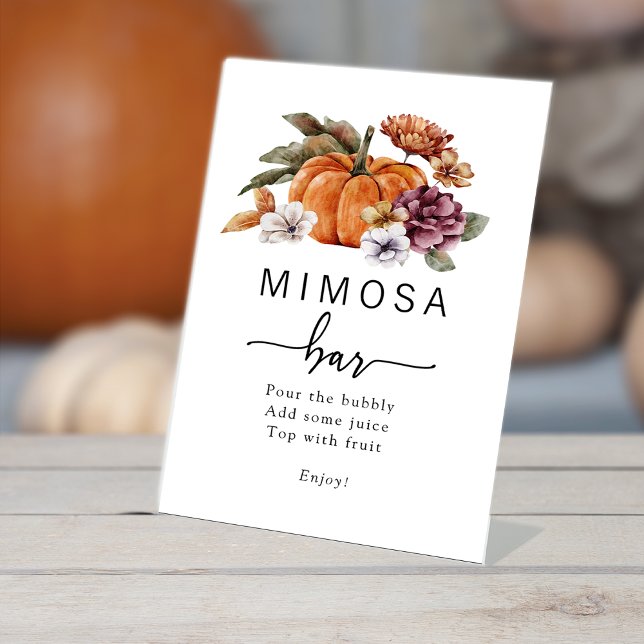 Mimosa Fall Bar Sign (Fall Pumpkin Floral Bridal Shower Mimosa Bar Table Top Pedestal Sign by Painted Paperie
)