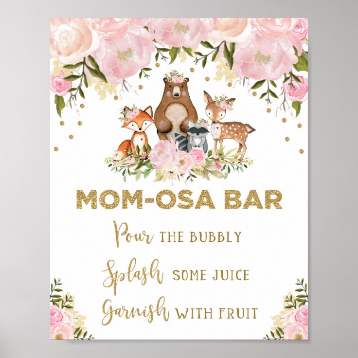 Mimosa Mom-osa Bar Sign Girl Woodland Baby Shower | Zazzle