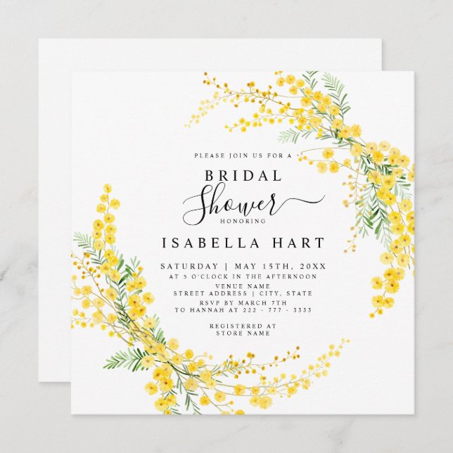 Mimosa Spring Flowers Boho Floral Bridal Shower Invitation (Front/Back)