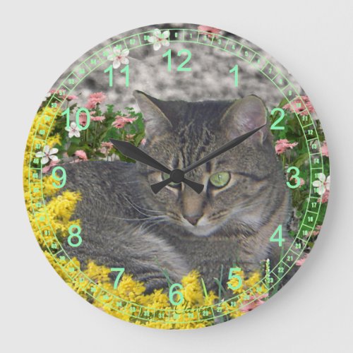 Mimosa the Tiger Cat in Mimosa Flowers Large Clock