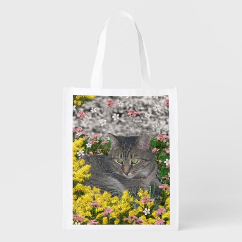 Mimosa the Tiger Cat in Yellow Mimosa Flowers Reusable Grocery Bag