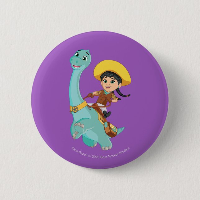 Min & Clover | Happy Cowgirl & Brontosaurus Ride Button (Front)