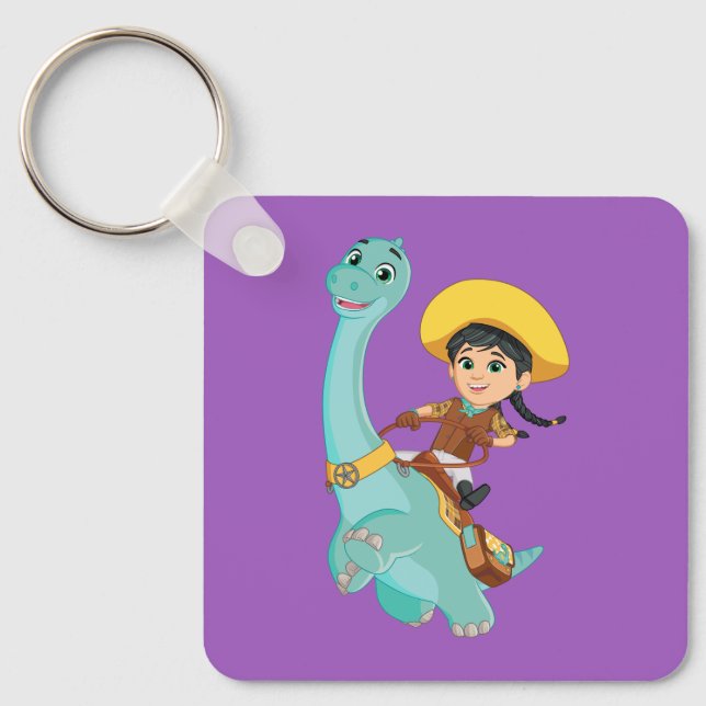 Min & Clover | Happy Cowgirl & Brontosaurus Ride Keychain (Front)