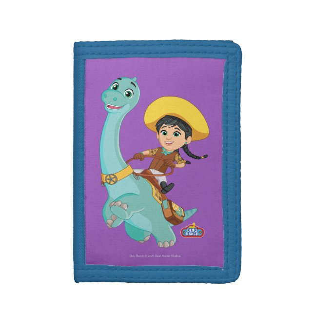 Min & Clover | Happy Cowgirl & Brontosaurus Ride Trifold Wallet (Front Vertical)