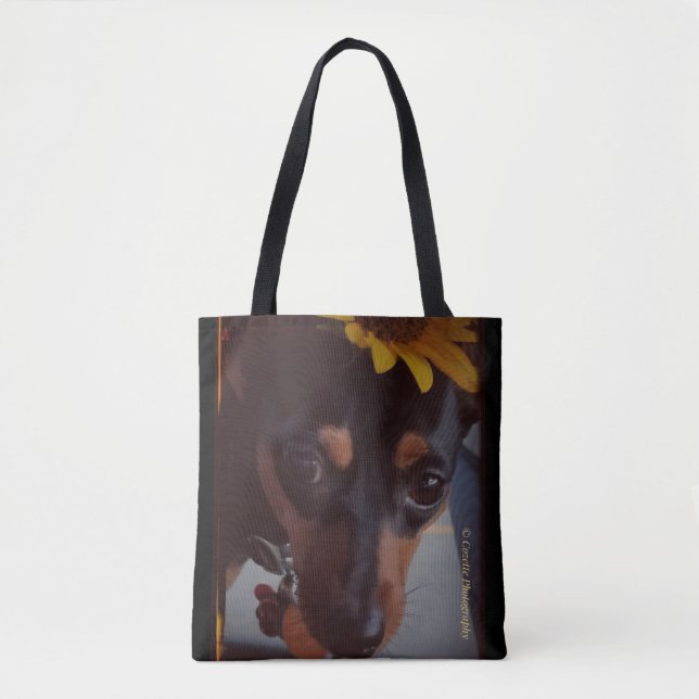 Min Pin and Sunflowers Tote Bag (Front)