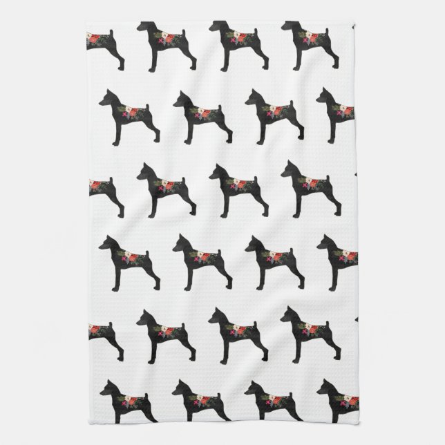 Min Pin C Dog Breed Boho Floral Silhouette Kitchen Towel (Vertical)