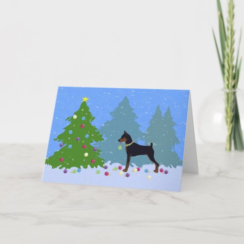 Min Pin in the Forest Decorating Christmas Tree Holiday Card