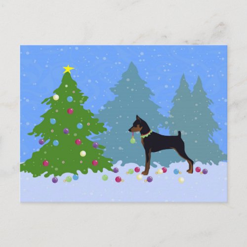 Min Pin in the Forest Decorating Christmas Tree Holiday Postcard
