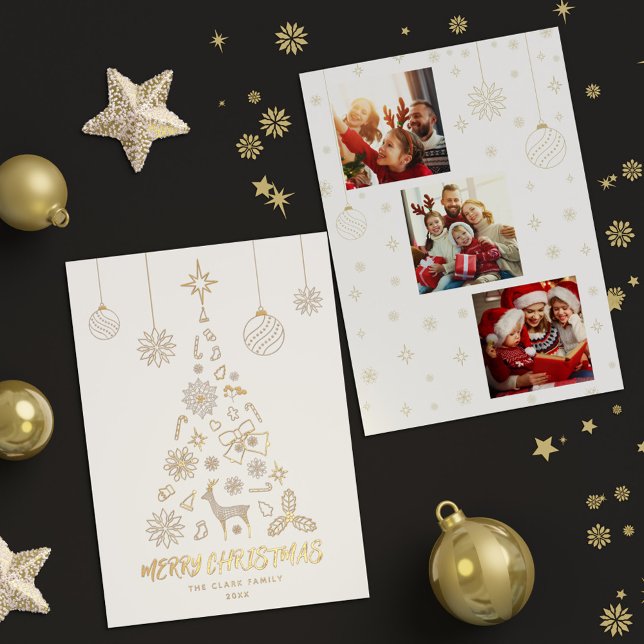 Minamalist White Christmas Tree 3 Photo Collage Foil Holiday Card (Minamalist White Christmas Tree 3 Photo Collage Fo Foil Holiday Card)