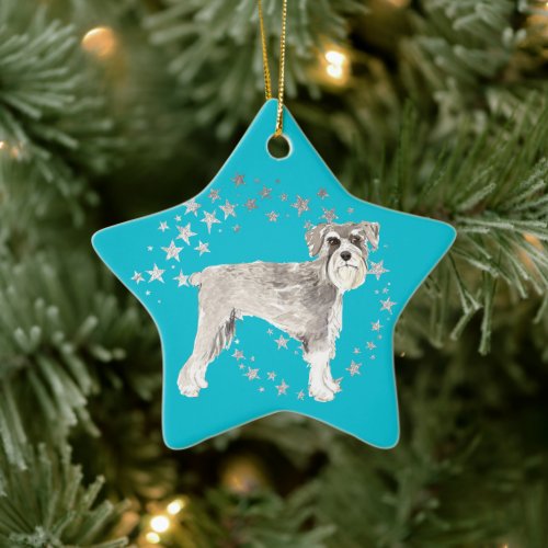 Minature Schnauzer Dog Silver Stars Teal Christmas Ceramic Ornament