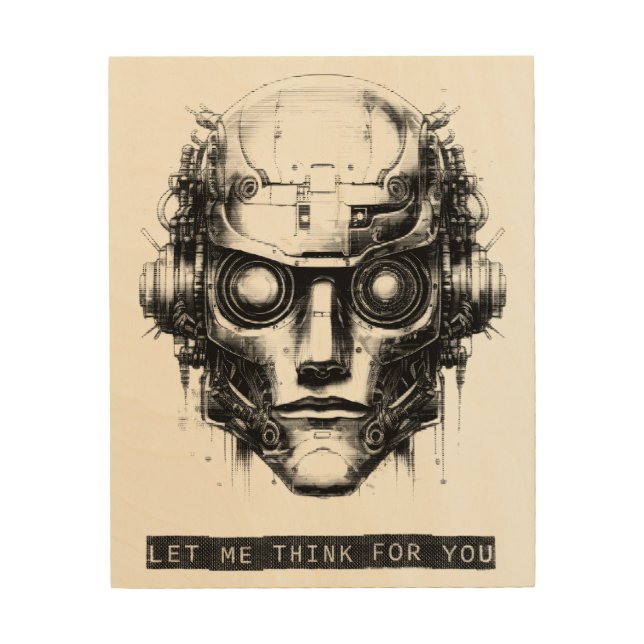 Mind Control Cyberpunk Robot Black Print Wood Art (Front)