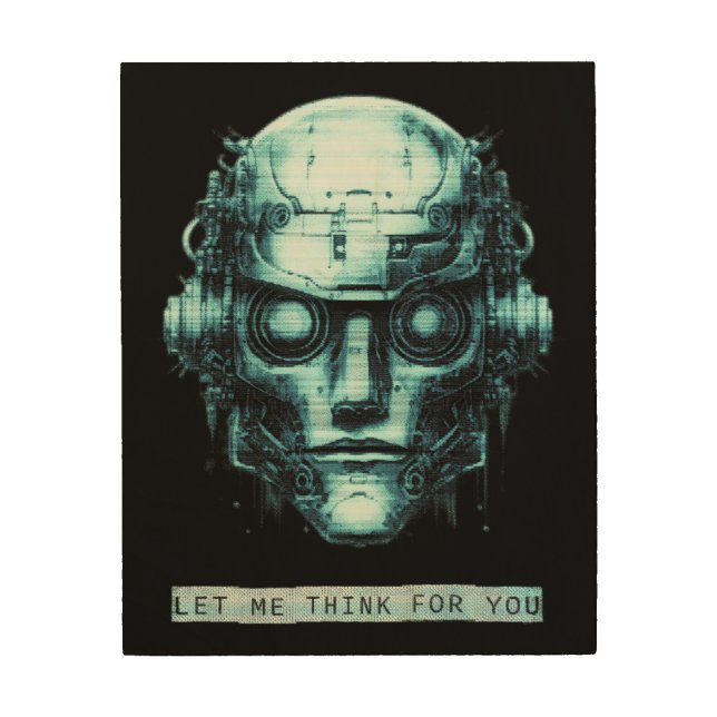 Mind Control Cyberpunk Robot Blue Grunge Wood Wall Art (Front)
