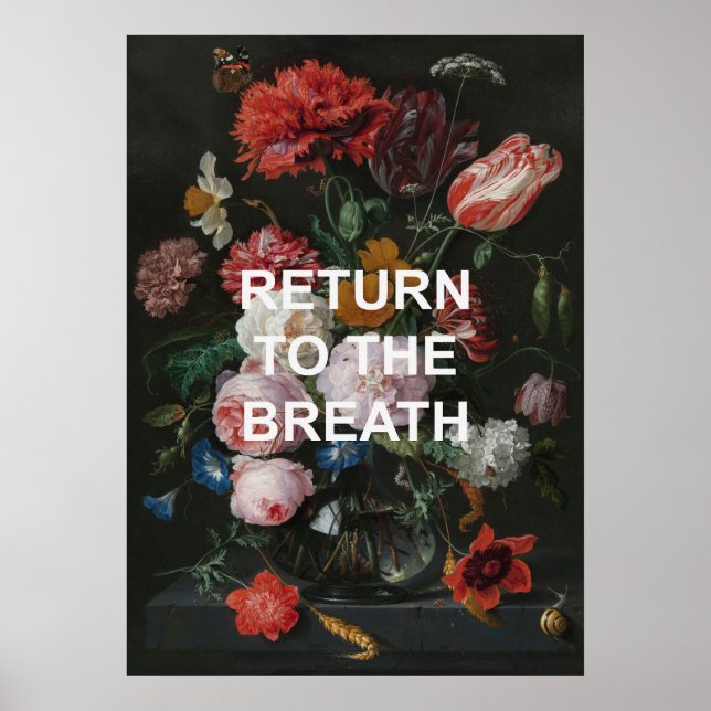 Mindful Beathing Yoga Quote + Floral Painting Poster (Front)