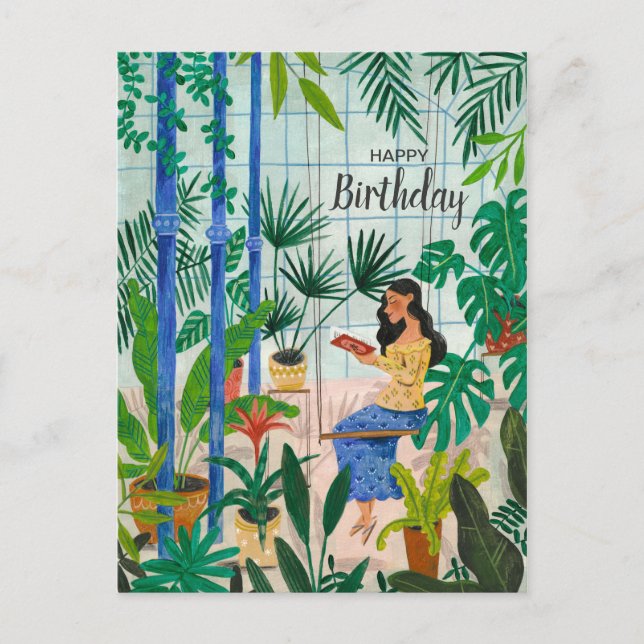 Mindful blue greenhouse plants girl reading postcard (Front)