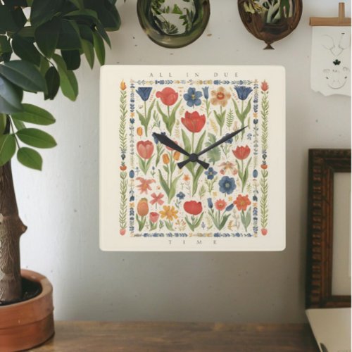 Mindful Botanical Floral with moto Square Wall Clock