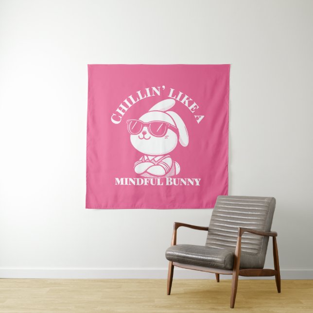  "Mindful Bunny" Aesthetic Pink Tapestry (In Situ)
