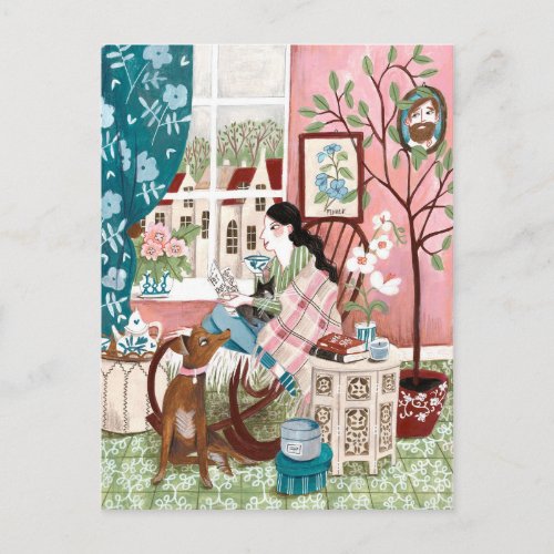 Mindful pink cosy stay home reading illustration postcard