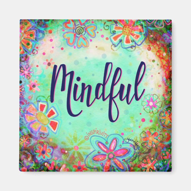 Mindful Pretty Blue Floral Modern Inspirivity Magnet (Front)