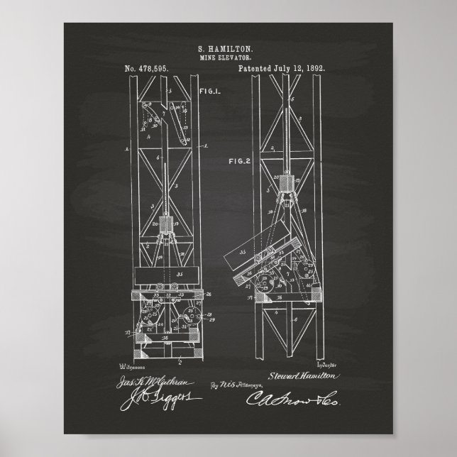 Mine Elevator 1892 Patent Art Chalkboard Poster (Front)
