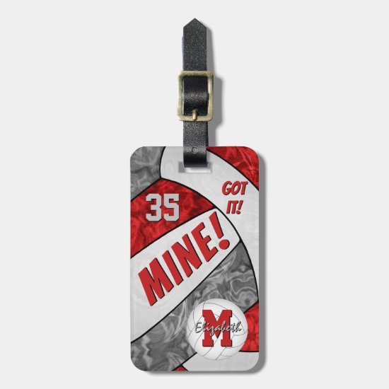 Mine! girls red gray school volleyball team colors luggage tag