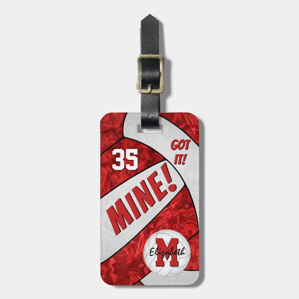 Mine! girl's red white volleyball team colors luggage tag