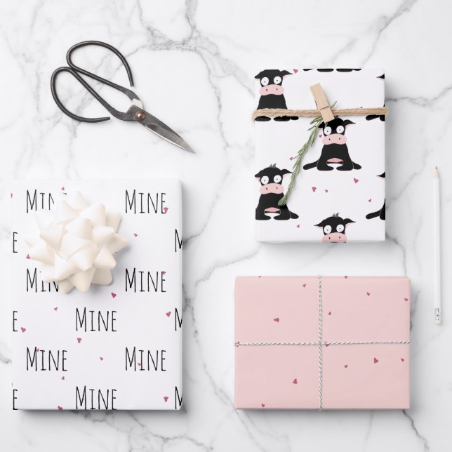 "Mine Mine Mine" Crazy Cute Cow Love Wrapping Paper Sheets (Front)