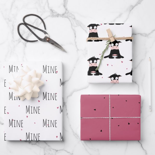 "Mine Mine Mine" Crazy Cute Cow Love Wrapping Paper Sheets (Front)