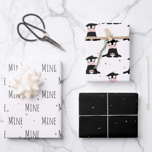 "Mine Mine Mine" Crazy Cute Cow Love Wrapping Paper Sheets (Front)