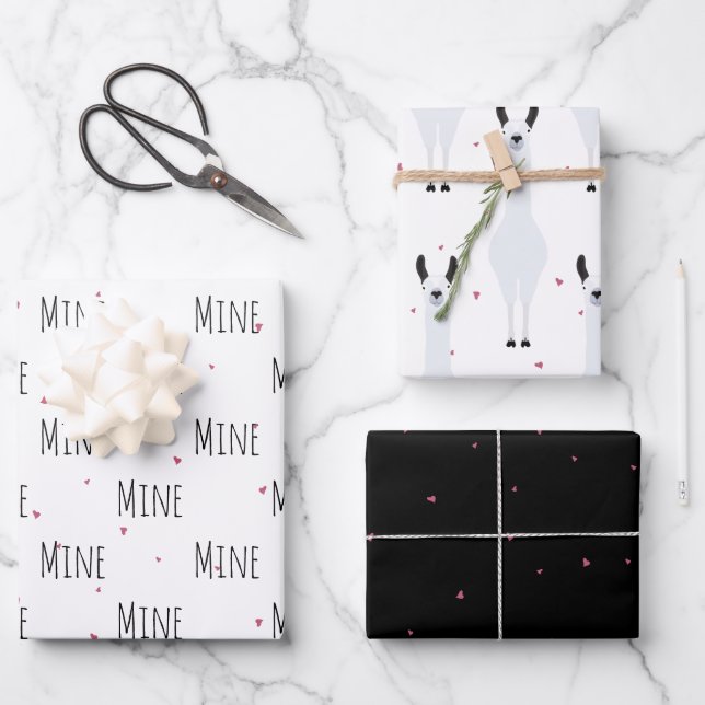 "Mine Mine Mine" Crazy Cute Llama Love Wrapping Paper Sheets (Front)