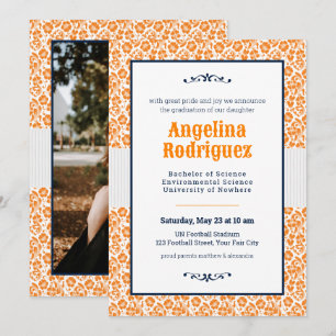 Miner Orange Floral Damask Photo Graduation Invitation