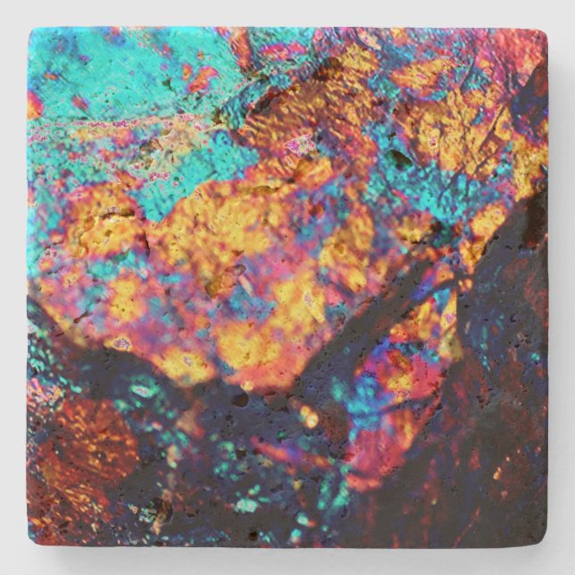 Mineral chalcopyrite crystal stone black blue gold coaster (Front)