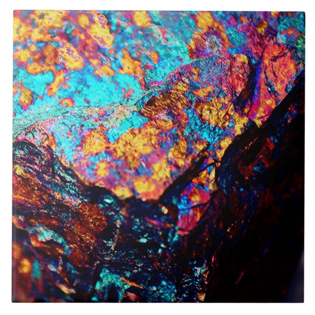 Mineral chalcopyrite stone black blue gold ceramic tile (Front)