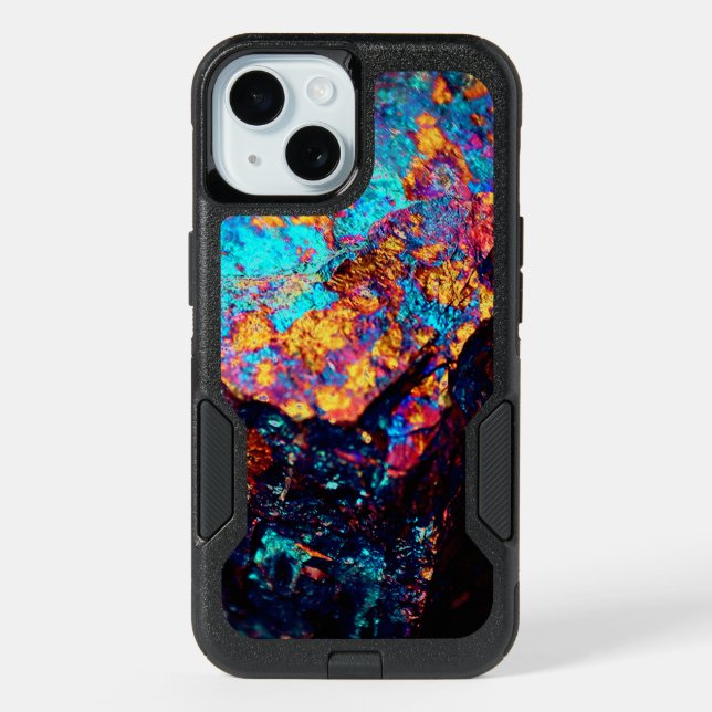 Mineral chalcopyrite stone look black blue iPhone 15 case (Back)