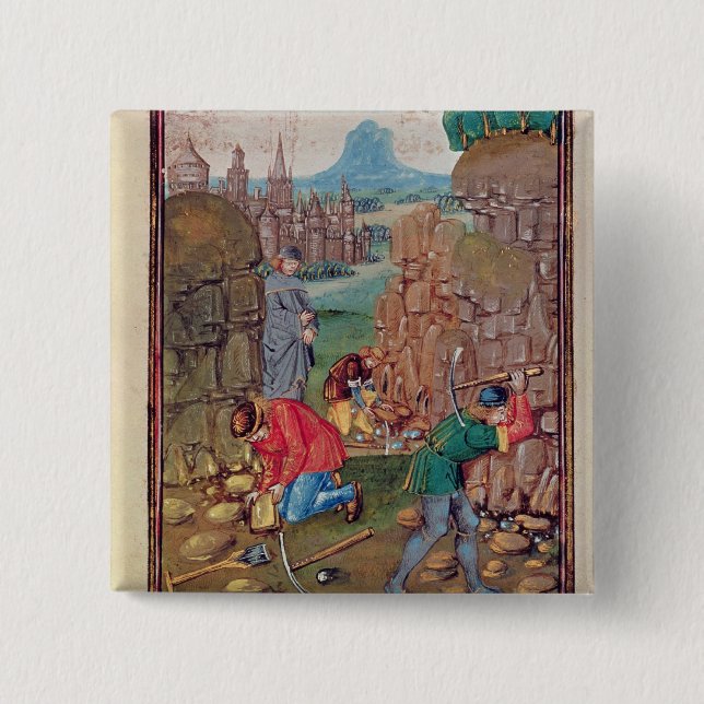 Miners at work, from 'Des Proprietez des Choses' Button (Front)