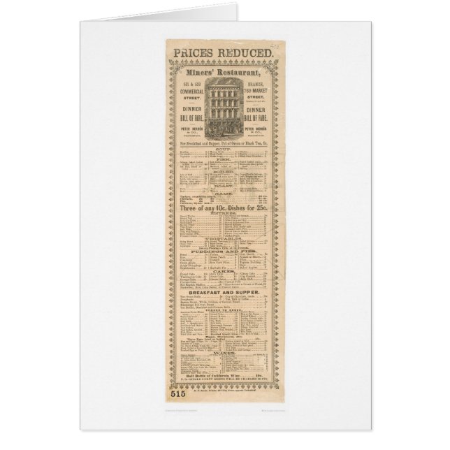 Miners' Restaurant Menu (1083A) Cards (Front)