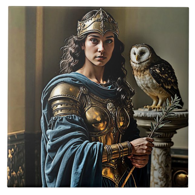Minerva’s Silent Vigil - Roman Goddess Ceramic Tile (Front)