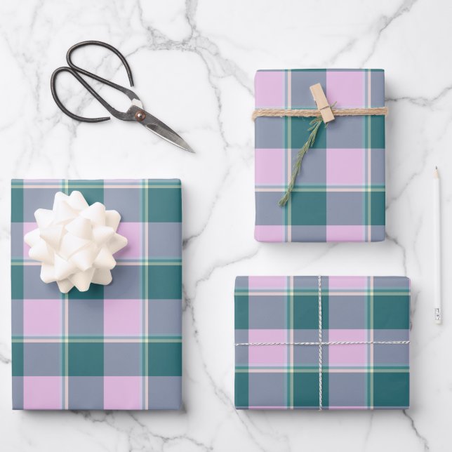 Ming and Melanie Plaid Pink Green Wrapping Paper Sheets (Front)