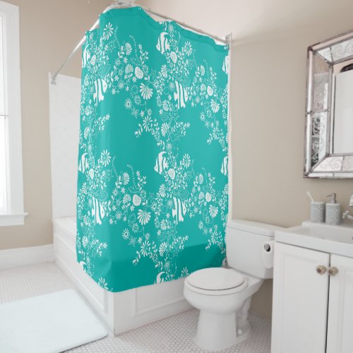 Ming Green White Ocean Life Pattern Shower Curtain