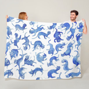 Ming Style Blue Floating Cats Sherpa Blanket by Si