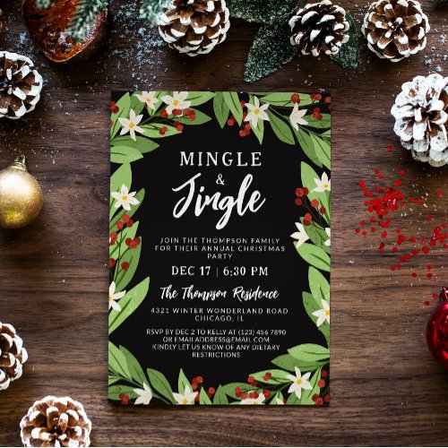 Minge Jingle Floral Red Berries Christmas Party Invitation