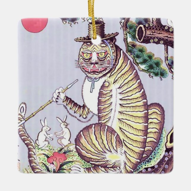 Minhwa Tiger with Rabbits and Pipe Ceramic Ornament (Front)