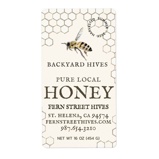 Mini 2"x 3.75" Backyard Honey Label with Bee (Front)