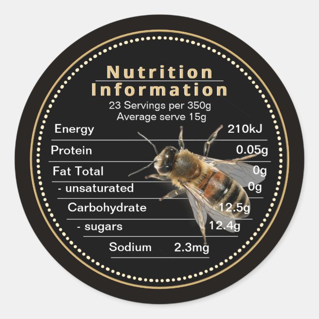 Mini AU Honey Nutrition Information Bee 350g Classic Round Sticker (Front)