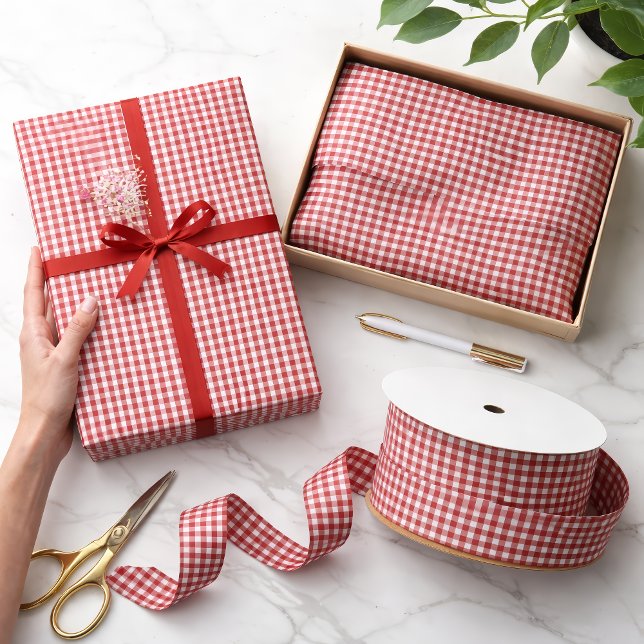 Mini Aurora Red Gingham Check Pattern Satin Ribbon (Mini Aurora Red Gingham Check Pattern Set )
