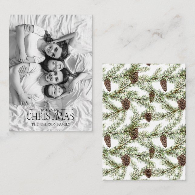 Mini Black & White Photo Pine Cone Merry Christmas Note Card (Front/Back)