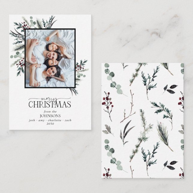Mini Black Winter Botanical Photo Merry Christmas Note Card (Front/Back)